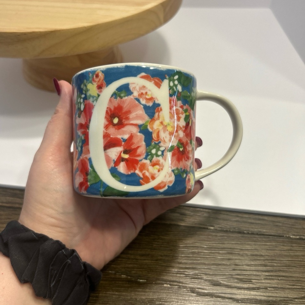 Anthropologie Dawn Monogram Mug Initial C Watercolor Blooms Blue Coral - Picture 2 of 7